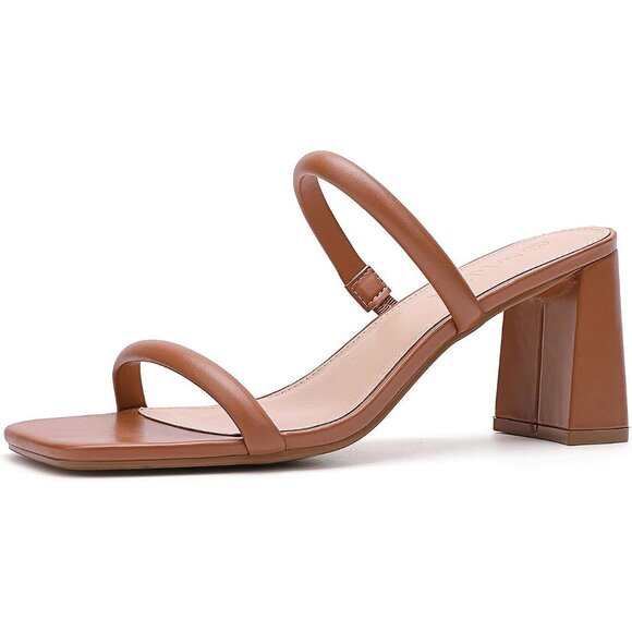 Women's Square Open Toe Heeled Sandals Two Strap Mules Slip On Block Chunky Mid